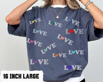 Valentine’s Day Love Shirt, Pastel Heart Love Graphic Tee, Cute Valentine Shirt for Women, Comfort Colors Style, 16 Inch Large Print
