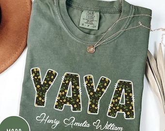 Comfort Colors® Personalized Yaya Shirt with Grandkids' Names, Custom Mimi T-Shirt for Grandma, Floral Mother's Day Shirt, Yaya Gifts