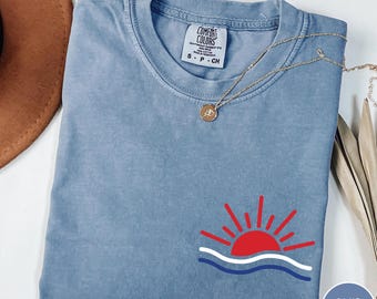 Patriotic Sunrise Shirt, 4th of July Shirt, Minimal Summer Tee, USA Beach T-Shirt, Comfort Colors Sunset Shirt