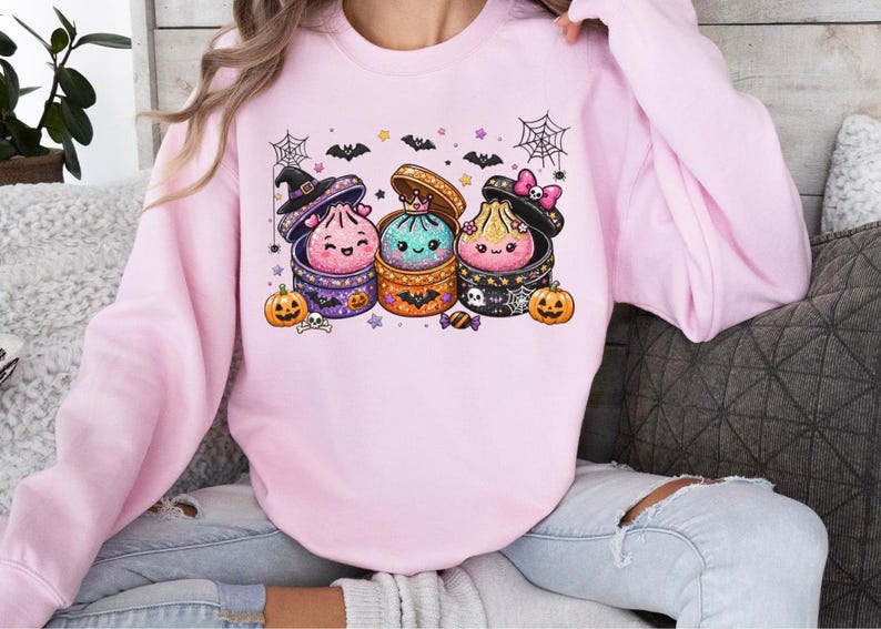 Cute Halloween Dumpling Sweatshirt, Kawaii Spooky Ghost Hoodie, Glitter ...