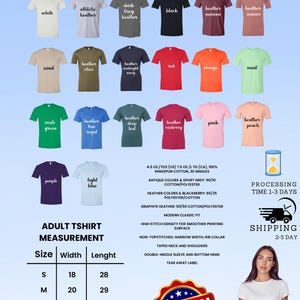May include: A variety of unisex t-shirts in various colors, including white, black, and red, are displayed. The image includes a size chart with measurements in inches and details about the fabric and construction. The text "MADE IN USA" is also visible.