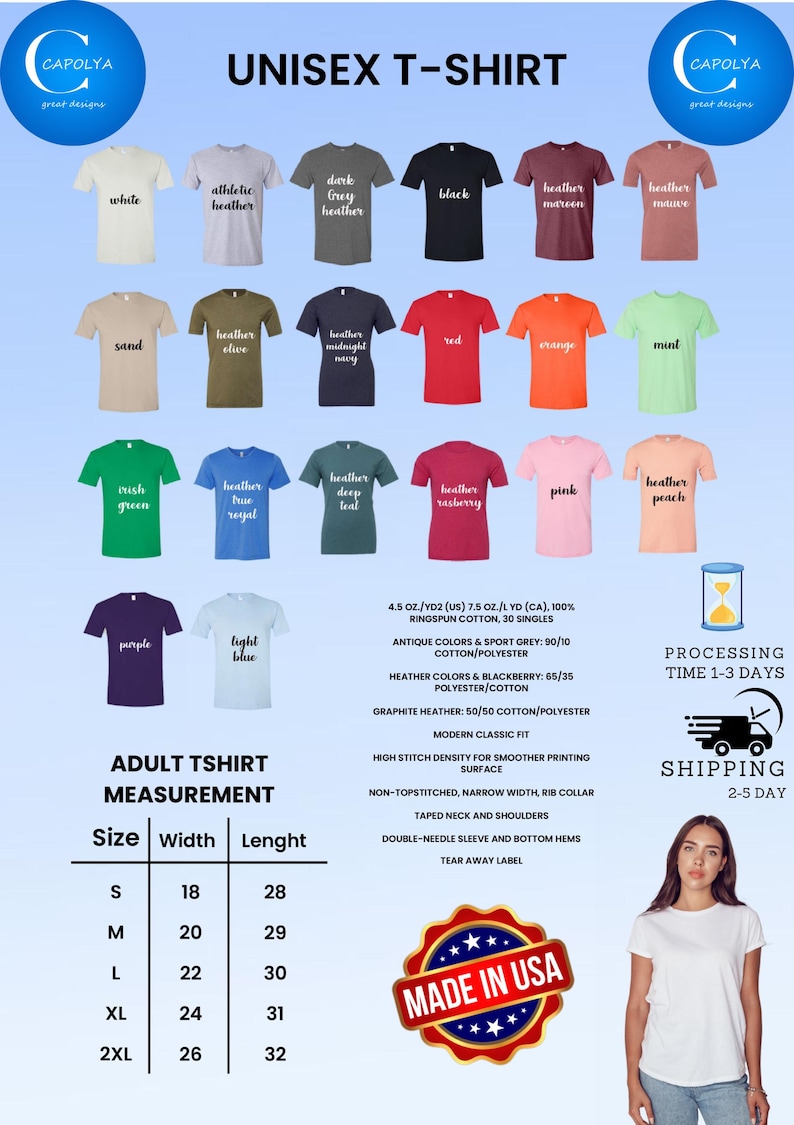 May include: A variety of unisex t-shirts in various colors, including white, black, and red, are displayed. The image includes a size chart with measurements in inches and details about the fabric and construction. The text "MADE IN USA" is also visible.