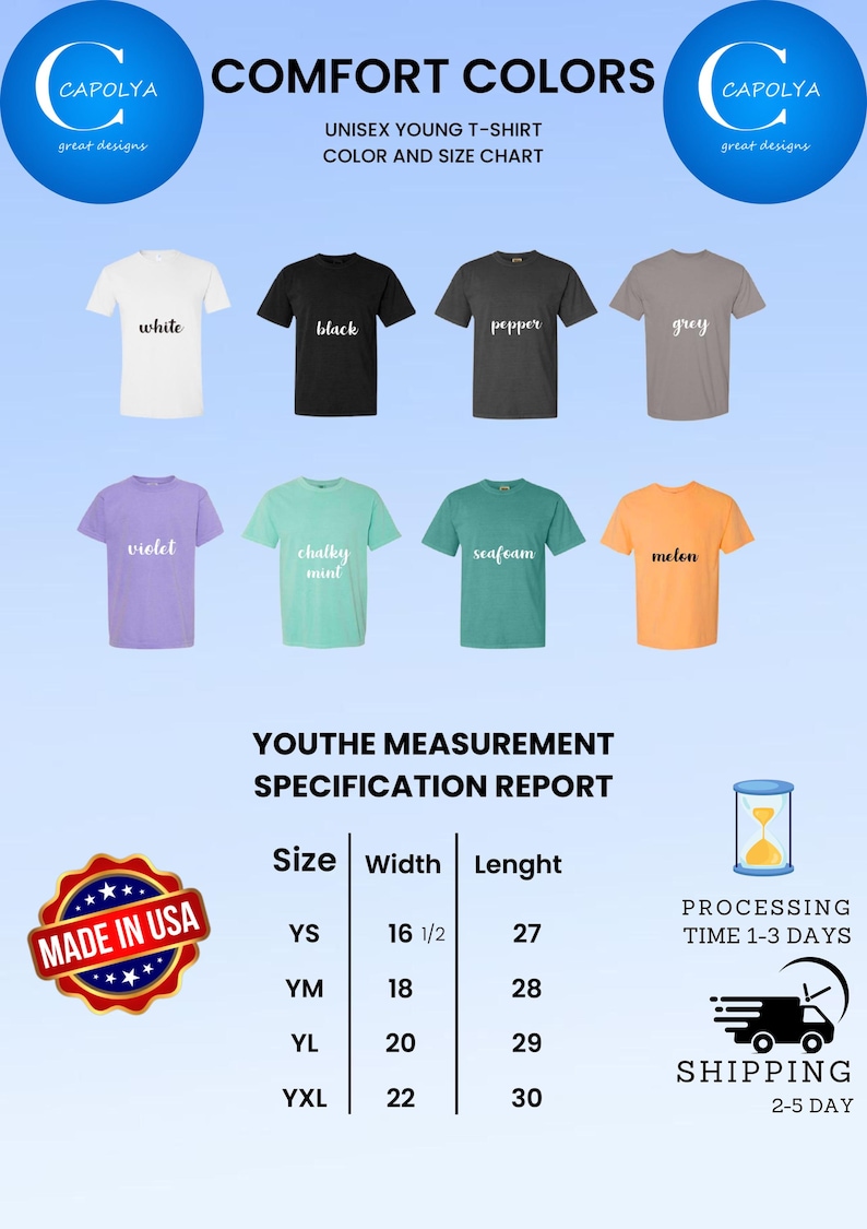 May include: A size chart for youth t-shirts with different color options. The colors include white, black, pepper, grey, violet, chalky mint, seafoam, and melon. The chart also includes the size, width, and length of each shirt. The sizes are YS, YM, YL, and YXL. The width is measured in inches and the length is measured in inches.
