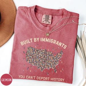 May include: Crimson-colored t-shirt with the text "BUILT BY IMMIGRANTS" above a map of the United States filled with tiny figures. The phrase "YOU CAN'T DEPORT HISTORY" is printed below the map. A silver necklace with a pendant rests on the shirt.