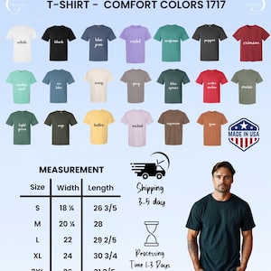 May include: A selection of Comfort Colors 1717 t-shirts in colours like white, black, blue jean, and violet. The image includes size measurements in inches and a "Made in USA" graphic. The length of the shirts ranges from 67.6 cm to 80.0 cm.