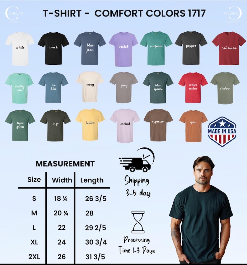 May include: A selection of Comfort Colors 1717 t-shirts in colours like white, black, blue jean, and violet. The image includes size measurements in inches and a "Made in USA" graphic. The length of the shirts ranges from 67.6 cm to 80.0 cm.
