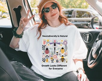 Comfort Colors® Autism Acceptance Tee, Neurodiversity is Natural Shirt, Whimsical Bugs Floral Art, Unique Growth Top