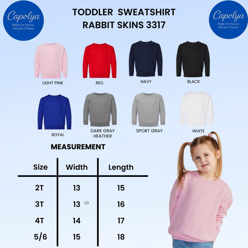 Puede incluir: Una selecci&oacute;n de sudaderas para ni&ntilde;os peque&ntilde;os en varios colores, incluyendo rosa claro, rojo, azul marino y negro. La imagen tambi&eacute;n muestra una tabla de medidas con anchos de 33 cm a 38 cm y largos de 38 cm a 46 cm.