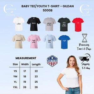 May include: A variety of Gildan 5000B baby and youth t-shirts in various colors, including white, black, and red. Measurements are provided in inches: YS (17" width, 22" length), YM (18" width, 23" length), YL (19" width, 25" length), and YXL (26" width, 26" length).
