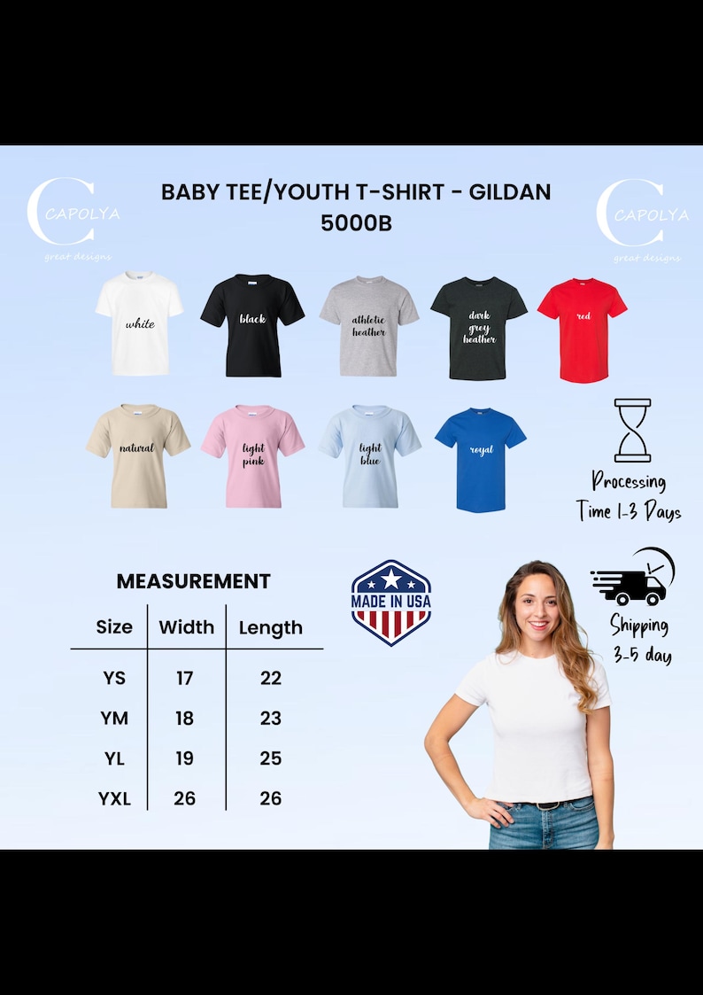 May include: A variety of Gildan 5000B baby and youth t-shirts in various colors, including white, black, and red. Measurements are provided in inches: YS (17" width, 22" length), YM (18" width, 23" length), YL (19" width, 25" length), and YXL (26" width, 26" length).
