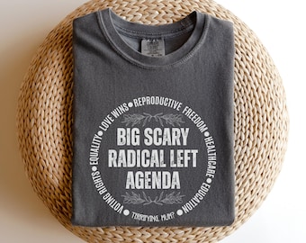 May include: Dark gray t-shirt with the text "BIG SCARY RADICAL LEFT AGENDA" in a white circular design. The design includes the phrases "LOVE WINS", "REPRODUCTIVE FREEDOM", "HEALTHCARE", "EDUCATION", "VOTING RIGHTS", and "EQUALITY".