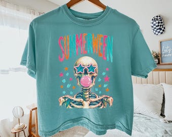 Summerween Skeleton Shirt, Comfort Colors 3023 Boxy Tee, Colorful Bubblegum Skull Top, Spooky Cute Summer Graphic, Girly Beach Shirt