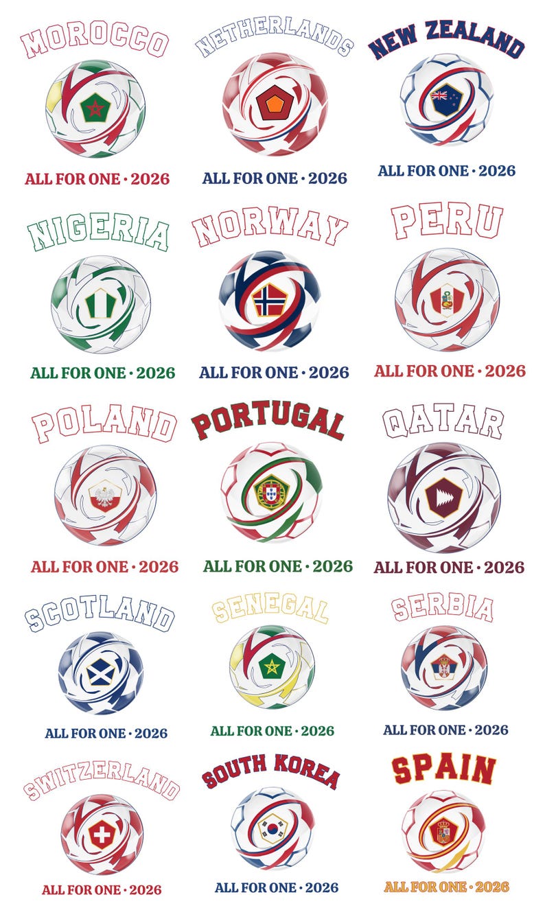 May include: A collection of soccer balls, each featuring a unique design representing different countries. The text "ALL FOR ONE &bull; 2026" is displayed below each ball. Countries include Morocco, Netherlands, New Zealand, Nigeria, Norway, Peru, Poland, Portugal, Qatar, Scotland, Senegal, Serbia, Switzerland, South Korea, and Spain.