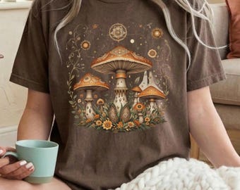 Vintage Mushroom Shirt Boho Forest Tee | Cottagecore Aesthetic Shirt | Celestial Nature Graphic Tee | Witchy Cozy Gift