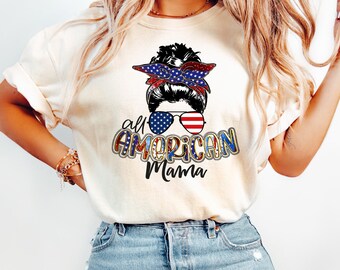 Camiseta Comfort Colors® All American Mama - Camiseta del 4 de julio - Camiseta patriótica para mamá - Camiseta con bandana y gafas de sol con bandera de EE. UU., atuendo para el Día de la Independencia