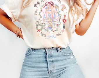 Comfort Colors® Retro Coquette Bow Disney Castle Christmas Shirt, Magic Kingdom, Mickey's Very Merry Christmas Party Shirt