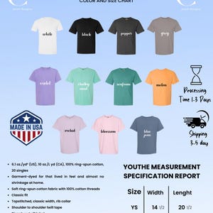 May include: A colour chart for unisex youth heavyweight t-shirts. The image displays various shirt colours: white, black, pepper, grey, violet, chalky mint, seafoam, melon, orchid, blossom, and blue jean. The shirts are made in the USA and have a measurement chart.