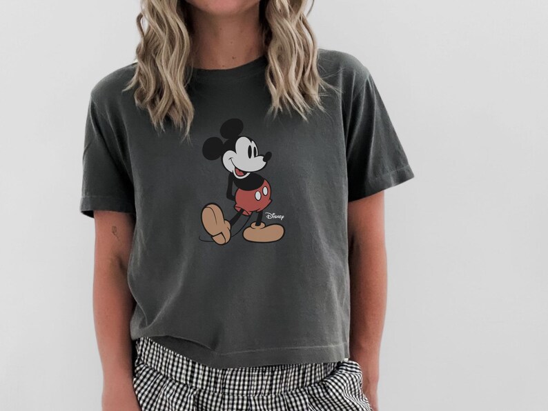 以下が含まれることがあります： ミッキーマウスのグラフィックが特徴の濃いグレーのTシャツ。漫画のキャラクターは黒、白、赤、タンで描かれており、ディズニーのロゴが見えます。このシャツは半袖で、ゆったりとしたフィット感です。