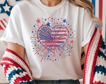Comfort Colors® USA Feuerwerk Frauen Shirt, 4. Juli Shirt, Unabhängigkeitstag Shirt, Amerika, Rot, Weiß, Blau Shirt, Patriotisches Shirt