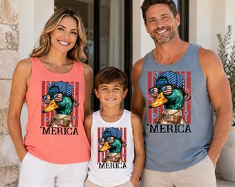 Merica Duck Tank Top, Funny Patriotic Duck Shirt, 4th of July Family Tee, American Flag Sunglasses Summer Shirt