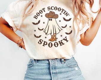 Comfort Colors® Boot Scootin' Spooky T-Shirt | Western Ghost Halloween Tee | Cute Spooky Season Top | Trendy Cowboy Ghost Shirt | Fall Gift