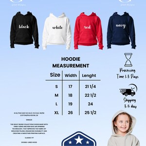 Puede incluir: Sudaderas con capucha para j&oacute;venes en negro, blanco, rojo y azul marino. Las sudaderas tienen un corte cl&aacute;sico, capucha con doble forro y bolsillo de canguro. Medidas en cm. Hecho en EE. UU.