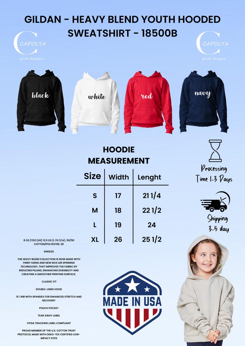 Puede incluir: Sudaderas con capucha para j&oacute;venes en negro, blanco, rojo y azul marino. Las sudaderas tienen un corte cl&aacute;sico, capucha con doble forro y bolsillo de canguro. Medidas en cm. Hecho en EE. UU.