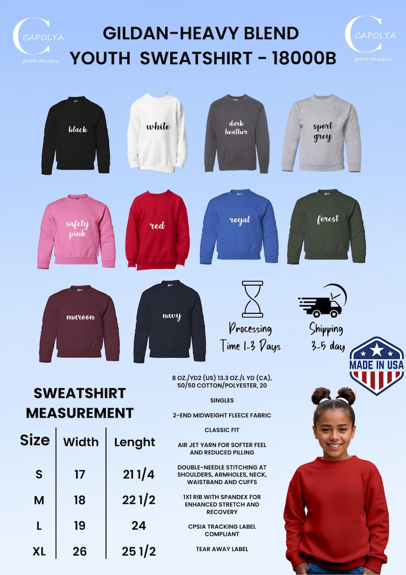 Puede incluir: Sudaderas juveniles en varios colores, incluyendo negro, blanco y marino. La imagen muestra una tabla de tallas con medidas en cm. Las sudaderas est&aacute;n hechas de una mezcla de algod&oacute;n/poli&eacute;ster y tienen un corte cl&aacute;sico.