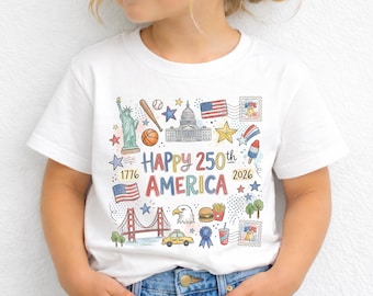 Happy 250 America Shirt, USA 250th Anniversary Tee, Patriotic Kids Doodle Shirt, America 1776-2026 Tee, Retro USA Celebration Shirt
