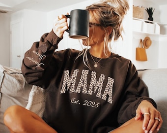 Custom Leopard Mama Sweatshirt With Kid Name On Sleeve, Personalized Mom Sweatshirt, Gift For Mom, Mothers Day Gift,Mama Est Year Sweatshirt