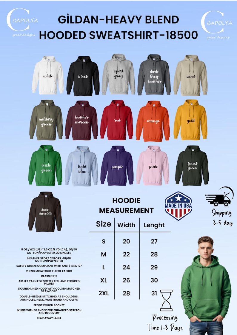 Puede incluir: Imagen de sudaderas con capucha Gildan Heavy Blend en varios colores, como blanco, negro y rojo. La imagen incluye una tabla de tallas con medidas en cm y el texto "Made in USA".