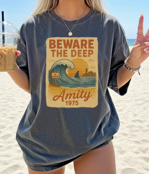 Comfort Colors® Jaws Amity Island 1975 Shirt, Retro Shark Movie Tee, Beach Town Shirt, Vintage Ocean Theme Gift, Summer Coastal Style Shirt