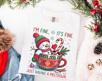Funny Christmas Snowman Shirt, Comfort Colors Sarcastic Holiday Tee, I'm Fine Just Having a Meltdown T-Shirt, Hot Cocoa Winter Graphic