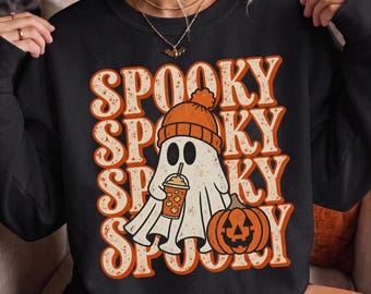 Spooky Ghost Halloween Sweatshirt, Cute Coffee Ghost Hoodie, Retro Pumpkin Crewneck, Vintage Spooky Season Pullover, Cozy Fall Gift
