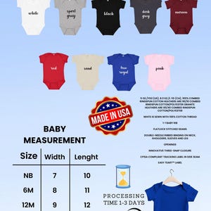 May include: Image of a baby bodysuit in various colors, including white, gray, black, and red. The image also includes a size chart with measurements in inches and details about the fabric and construction.