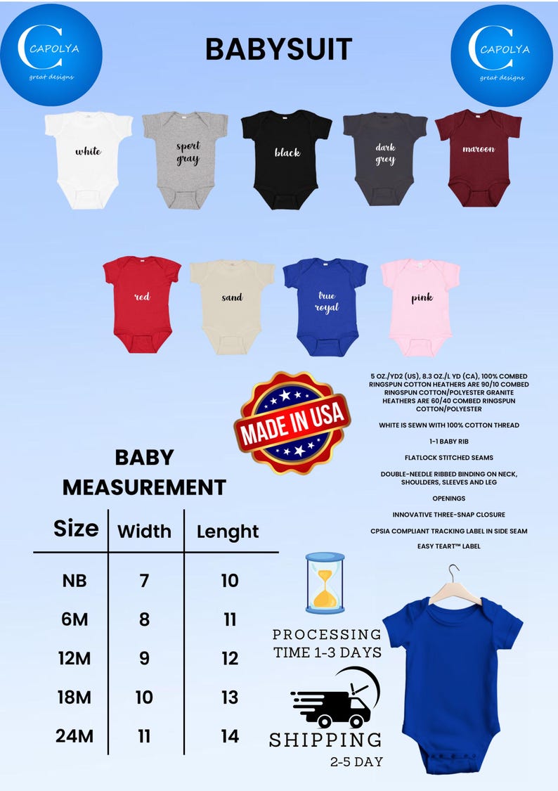 May include: Image of a baby bodysuit in various colors, including white, gray, black, and red. The image also includes a size chart with measurements in inches and details about the fabric and construction.