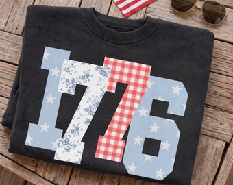 1776 Patriotic Comfort Colors Shirt, Vintage America Floral Star Tee, Retro USA Gingham Fourth of July TShirt
