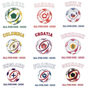May include: A collection of soccer balls, each representing a different country, with the country's name above. Each ball has a unique design incorporating the country's flag colors and symbols, with the text "ALL FOR ONE &bull; 2026".