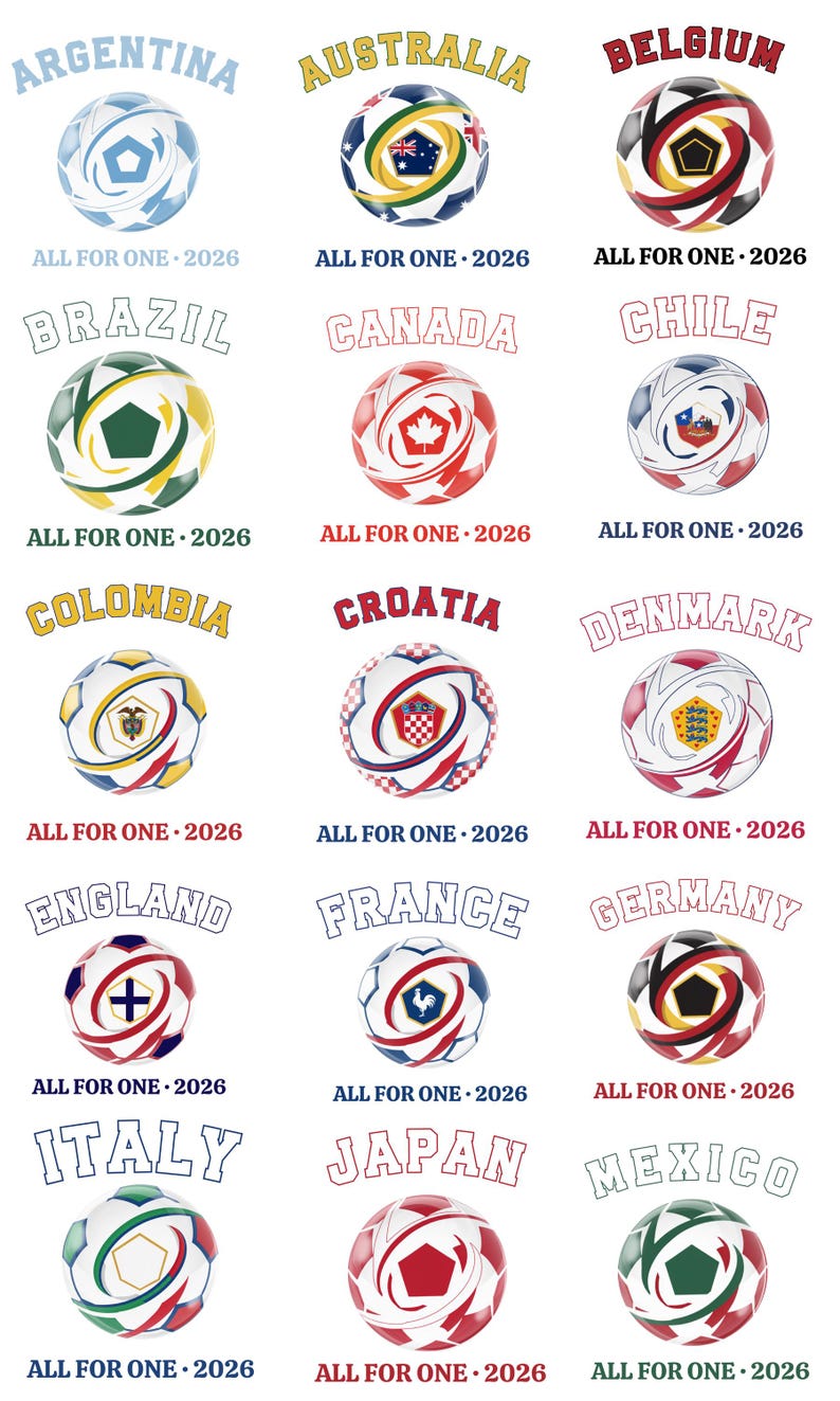 May include: A collection of soccer balls, each representing a different country, with the country's name above. Each ball has a unique design incorporating the country's flag colors and symbols, with the text "ALL FOR ONE &bull; 2026".