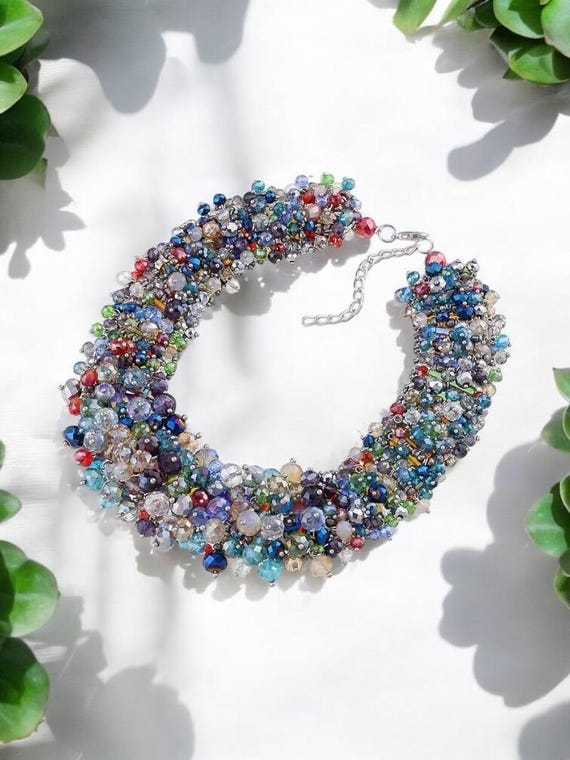 Chunky Beaded Statement Necklace, Multicolored Co… - image 6