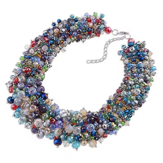 Chunky Beaded Statement Necklace, Multicolored Co… - image 4