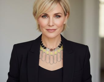 Silver Disk Choker Necklace, Green Teardrop Accent, Boho Festival Style