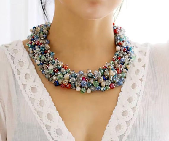 Chunky Beaded Statement Necklace, Multicolored Co… - image 5