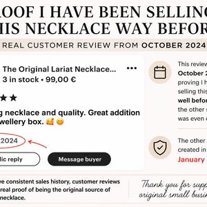 May include: Image of a customer review dated October 27, 2024, for "The Original Lariat Necklace." The review praises the necklace's quality. Text states the seller has been selling the necklace before January 2026.