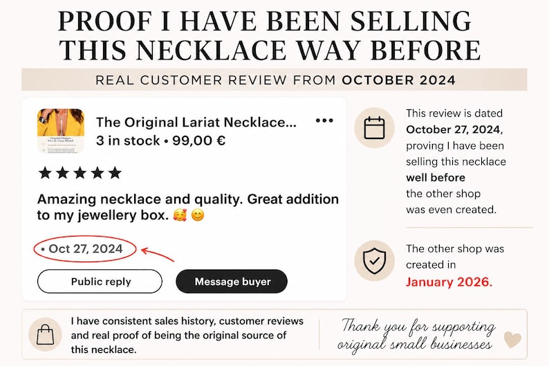 May include: Image of a customer review dated October 27, 2024, for "The Original Lariat Necklace." The review praises the necklace's quality. Text states the seller has been selling the necklace before January 2026.