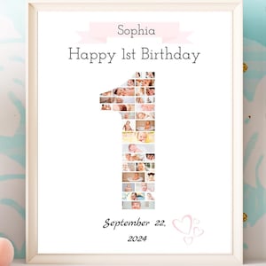 1st Birthday Photo Collage Template: Number One, Canva Design (Digital Download)