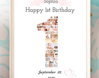 1st Birthday Photo Collage Template: Number One, Canva Design (Digital Download)