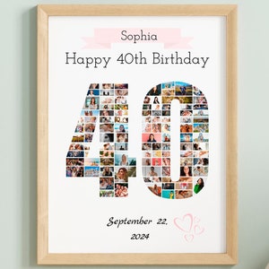 Collage photo 40e anniversaire, cadeau collage personnalisé numéro 40, affiche d'anniversaire modifiable, cadeau de famille, 40e anniversaire, modèle sur toile