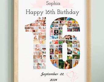 May include: A framed photo collage of a 16th birthday celebration. The number 16 is made up of photos, with the text "Sophia Happy 16th Birthday September 22, 2024" below.