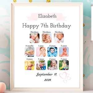 Plantilla de collage de fotos de séptimo cumpleaños personalizada, regalo fotográfico personalizado con el número 7, póster del séptimo hito, arte mural de cumpleaños, lienzo imprimible